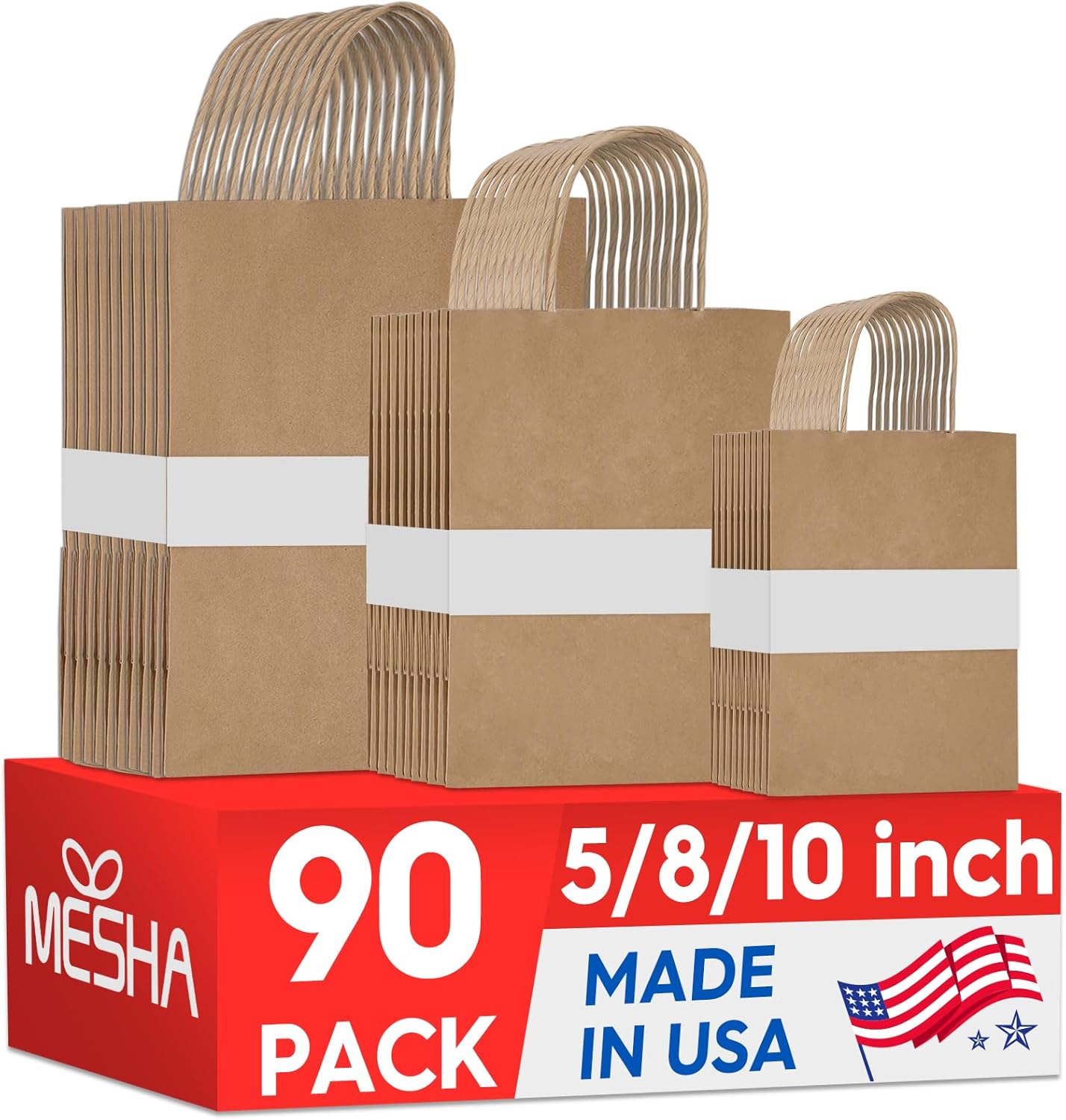 MESHA 90 Pack Brown Kraft Paper Bags with Handles Bulk, Multiple 3 Assorted Sizes Eco-Friendly Gift Bags for Small Shopping Business - Party Favors, Retail, Birthday Goody Bags & Grocery, 5/8/10 Inch