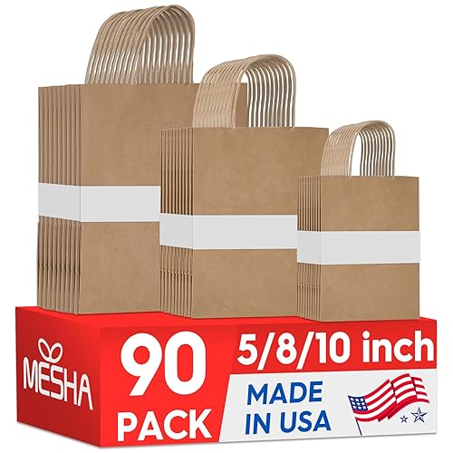MESHA 90 Pack Brown Paper Bags with Handles Bulk, Multiple 3 Assorted Sizes Eco-Friendly Gift Bags for Small Business - Party Favors, Retail, Birthday Goody Bags & Grocery, 5/8/10 Inch