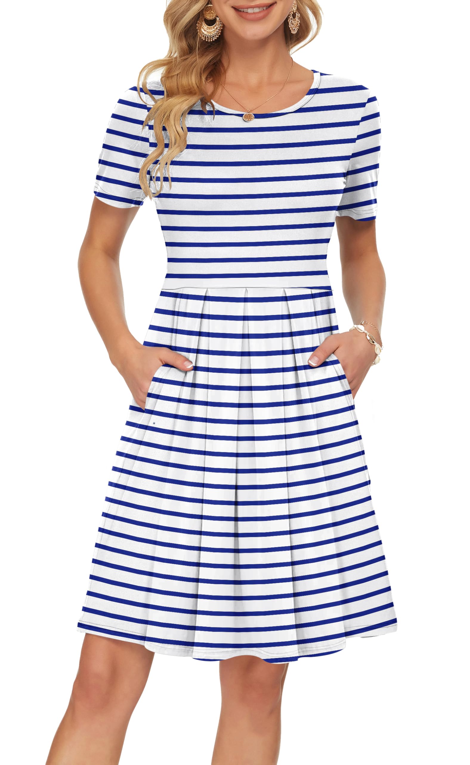 AUSELILY Women's Short Sleeve Summer Dress Pleated Loose Swing Knee Length Dresses with Pockets 2025 New