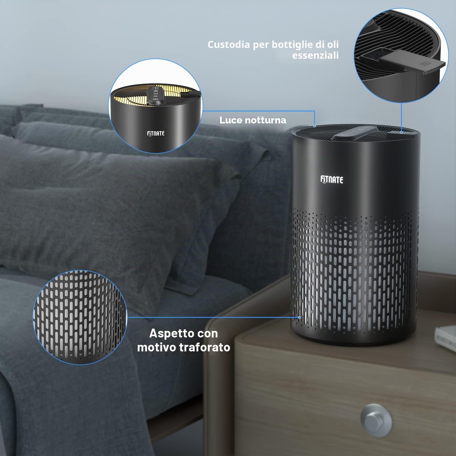 FITNATE Purificatore d'aria con diffusore di oli essenziali per la casa, camere grandi fino a 215 piedi quadrati e filtri al 99,9% di allergeni, forfora per animali domestici, polvere silenziosa