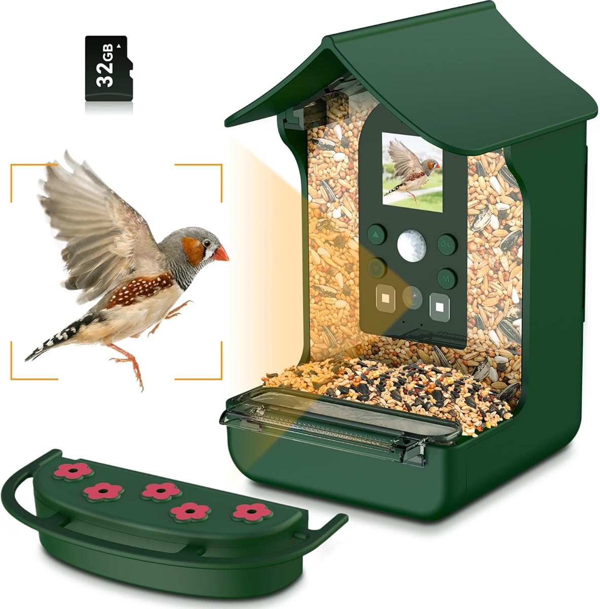 Smart Bird Feeder Camera, 1080P Bird Feeder with Camera Smart Auto Capture Photo Video Night Vision Built in Microphone with Hummingbird Feeder Bird Camera Wireless Outdoor