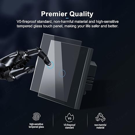 Tuya Smart Wall Light Switch Works with Or Without Neutral Wire No Capacitor Needed Support Voice Control Black 1 Gang