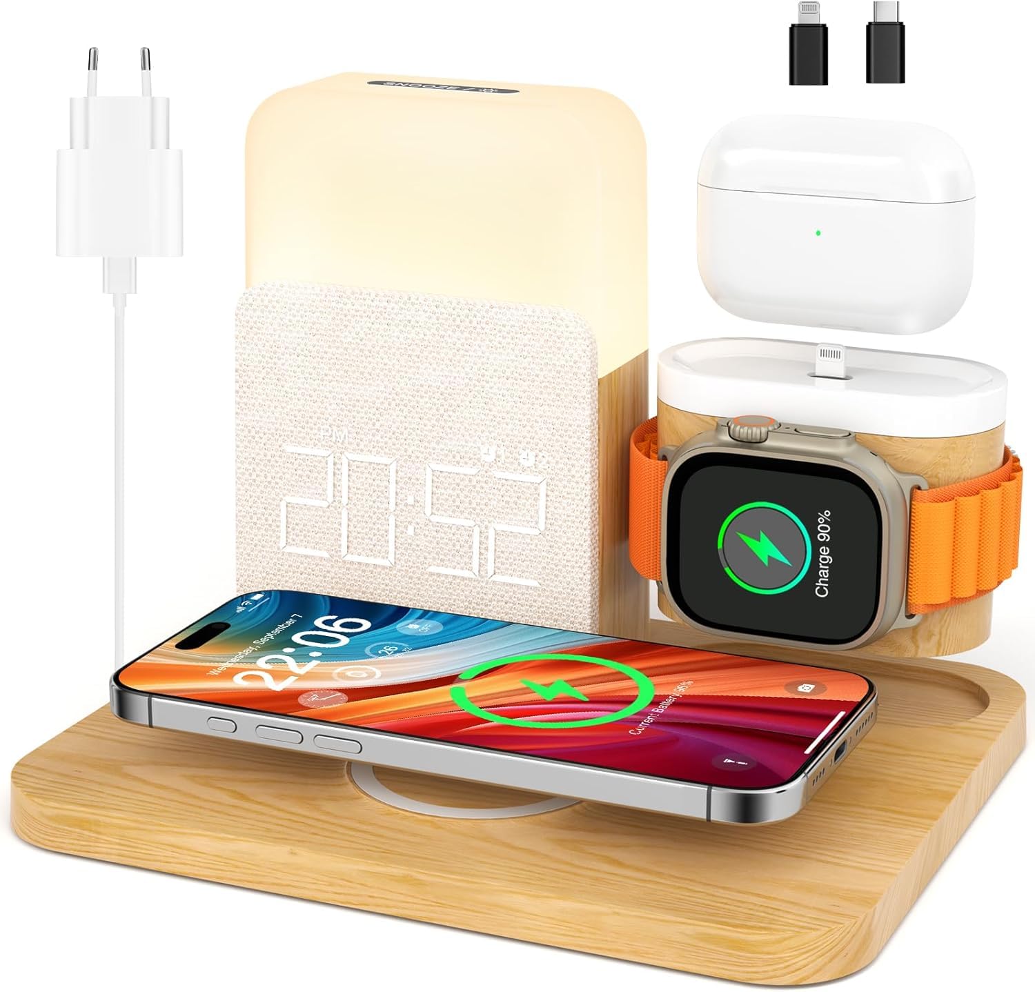 COLSUR Chargeur Induction 7 en 1 pour Apple Watch iPhone AirPods, Station De Charge Samsung, Lampe de chevet chambre tactile, Réveil, téléphones accessoires sans fil 17/16/15/14/13, decoration chambre
