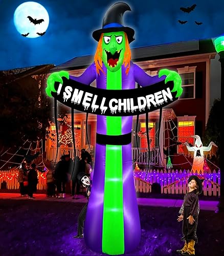 Miniatura 4 de TURNMEON Guirnalda inflable gigante de Halloween de 8 pies, decoración al aire libre, bruja aterradora sostiene el olor de los niños, luces LED para