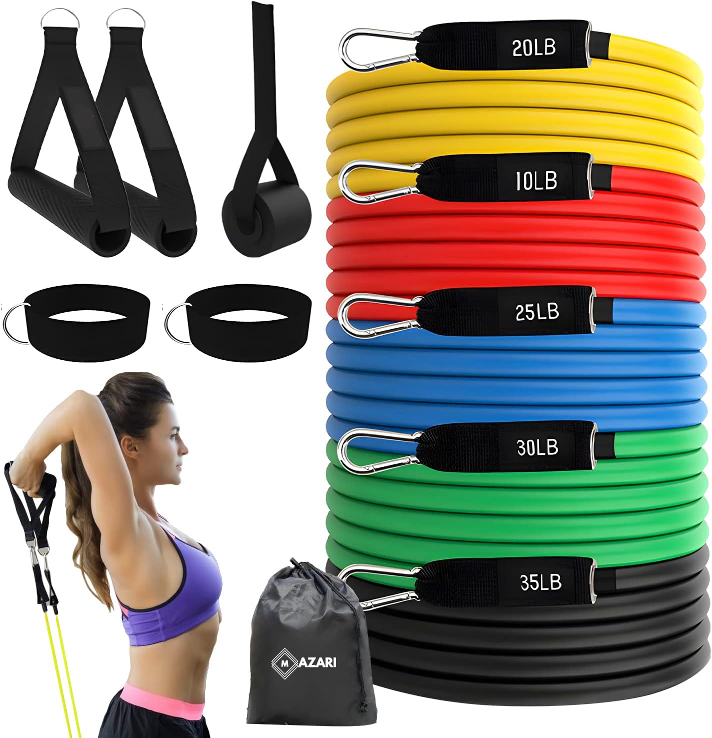 Mazari Resistance Bands Set [Upgraded 11 Piece Set Men & Women] Stakable Up to 150lb Workout Bands With Door Anchor,handle & Ankle Straps for Excersices, Home Workouts Equipment With Stretch Band