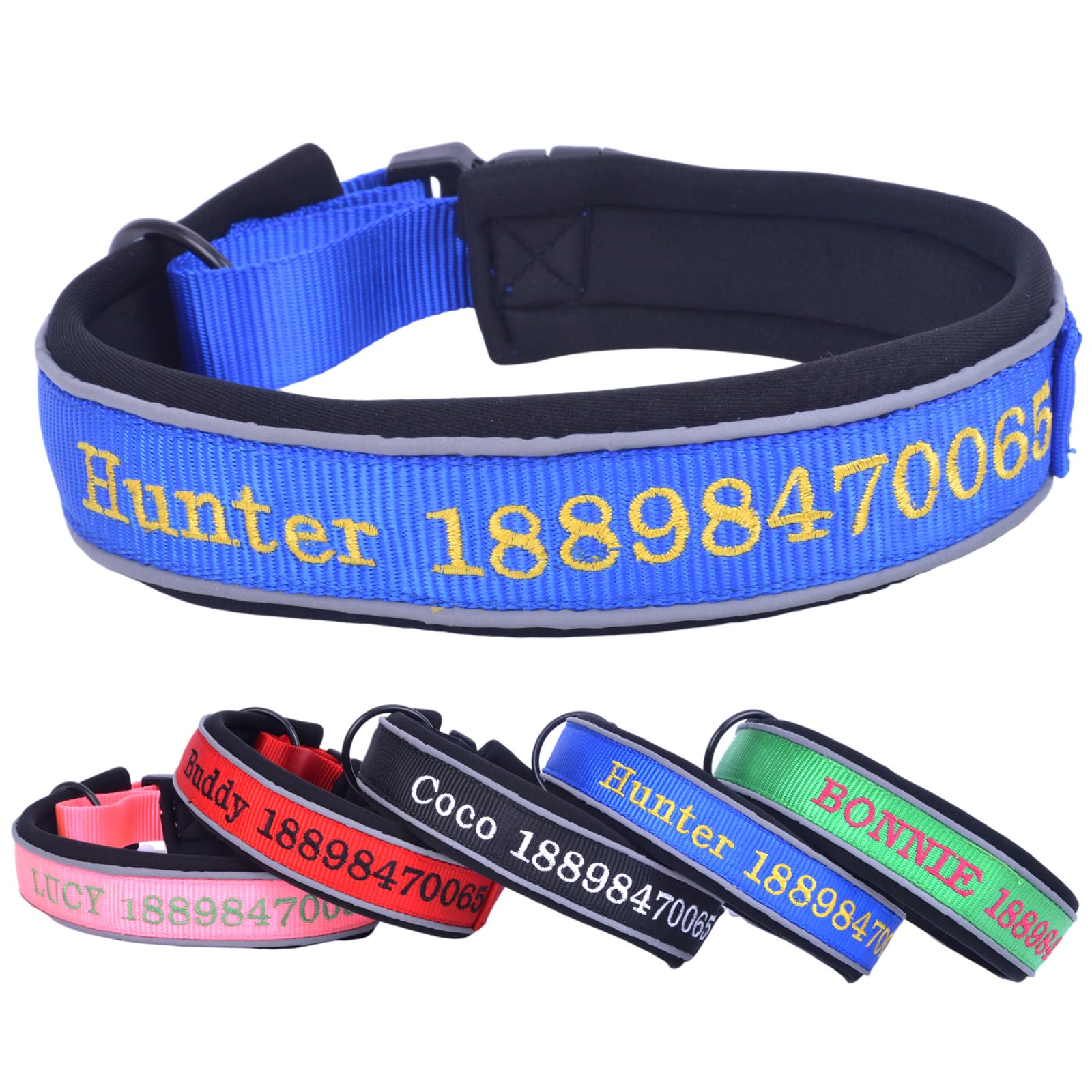 Nylon Reflectante Collar de Perro Azul Oscuro con Nombre Personalizado Neopreno Acolchado Collar de Perro Ancho para Perros Pequeños Medianos y Grandes