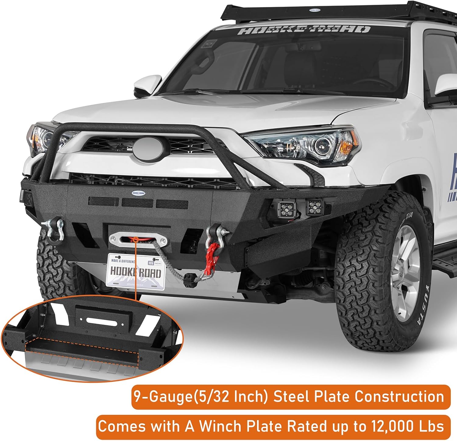 Hooke Road ExplorerX Front Bumper for 2014-2024 Toyota 4Runner 5th Gen, Full Width Rock Crawler Bumper with Winch Plate, Skid Plate & D-Ring Mounts
