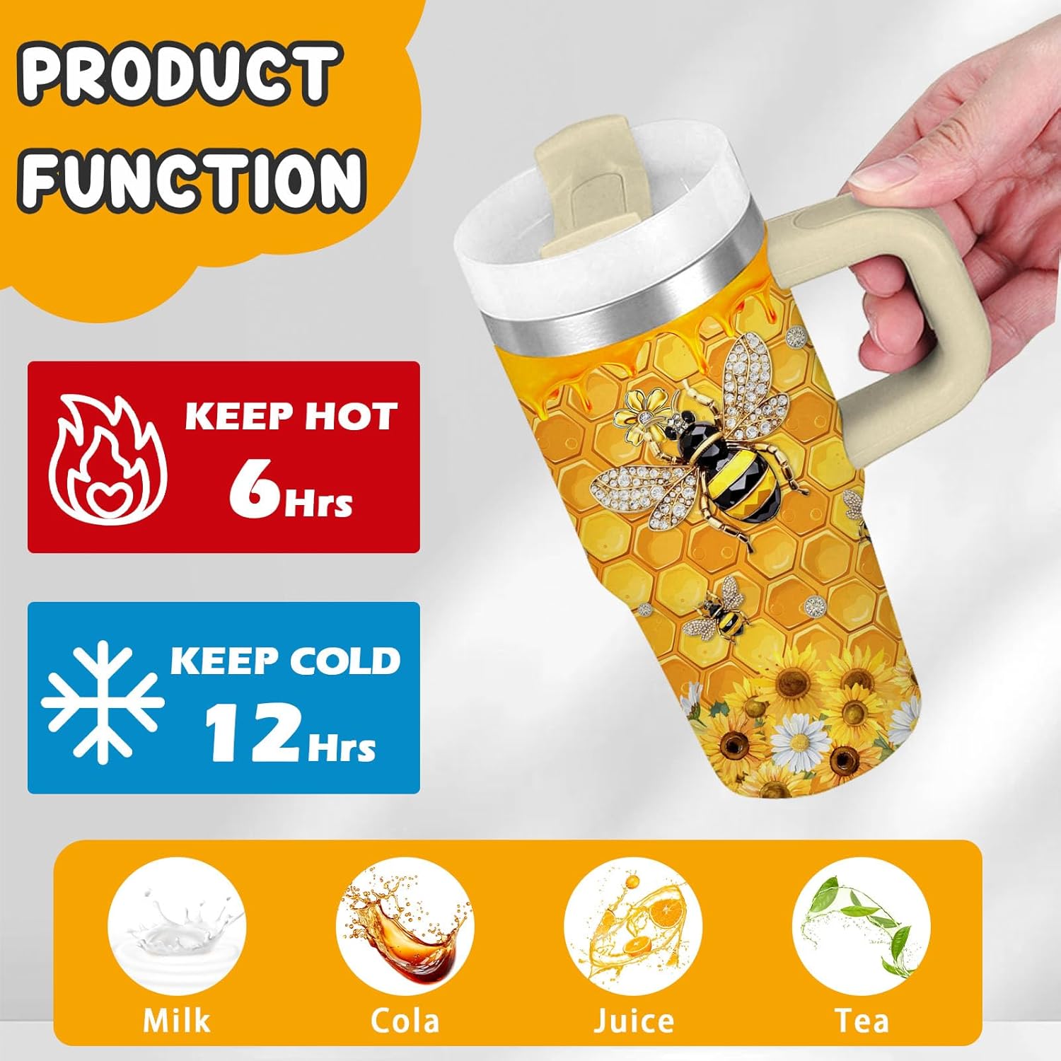 14oz Bee Tumbler with Handle, Stainless Steel Insulated Cup with Lid and Straw Personalized 14 OZ Bee Tumblers Gifts for Women Men - Image 5