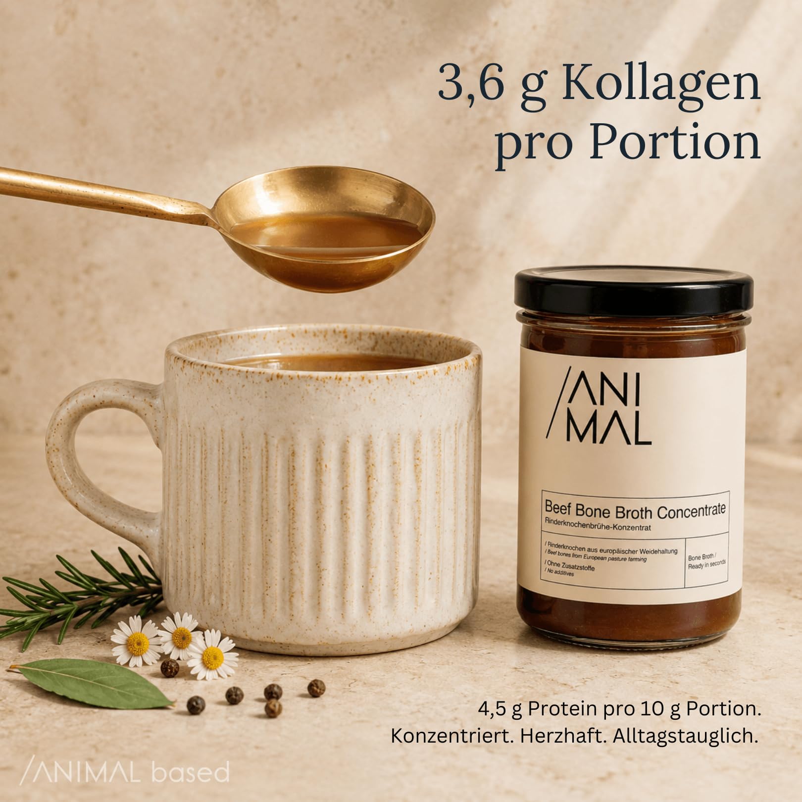 Animal Based Knochenbrühe Konzentrat vom Weiderind – Beef Bone Broth Paste im Glas, Rinderbrühe und Rinderfond für Trinkbrühe, Suppen und Saucen, mit Kollagen, ohne Zusatzstoffe, 220g, 22 Portionen