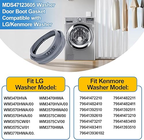 Miniatura 3 de MDS47123605 - Junta de arranque para puerta de lavadora compatible con sello de puerta de lavadora de carga frontal LG y piezas de arandela Kenmore