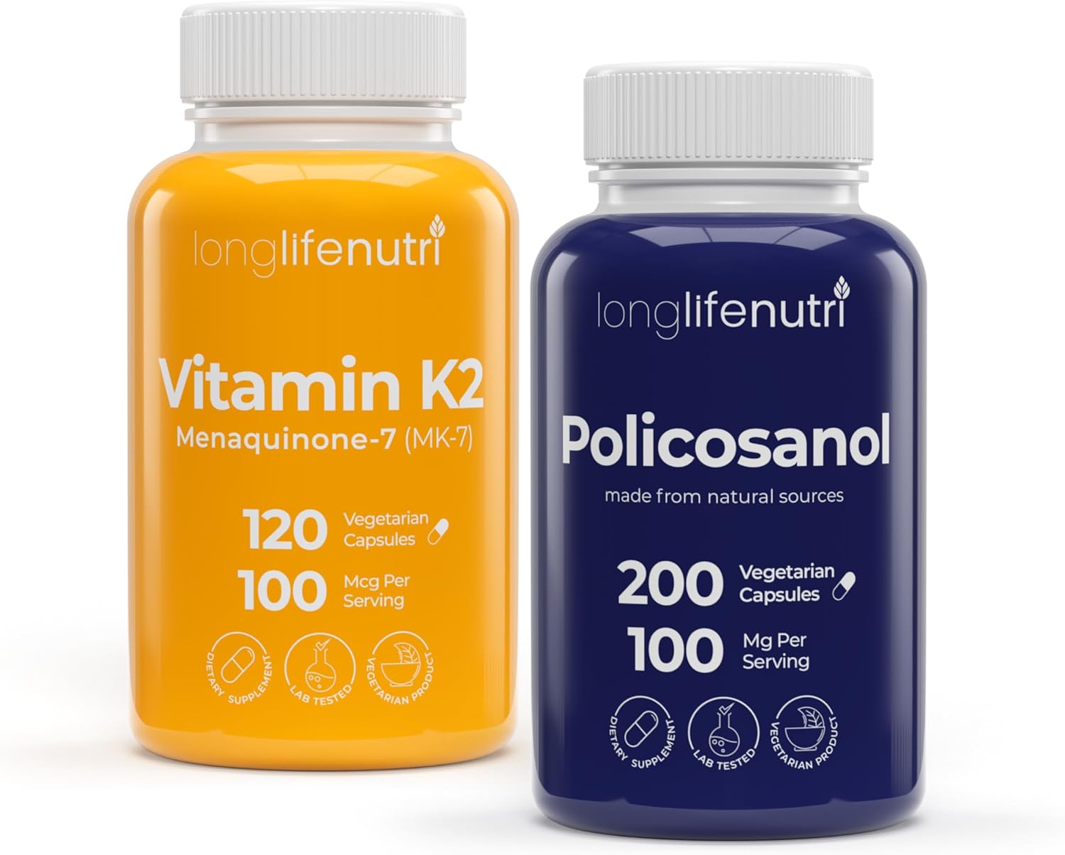 LongLifeNutri Vitamin K2 MK-7 100 mcg & Policosanol 100 mg Bundle – 120 Veg Capsules + 200 Veg Capsules, Up to 4-Month Supply, Bone & Heart Wellness Support, Lab Tested, Non-GMO, Made in USA