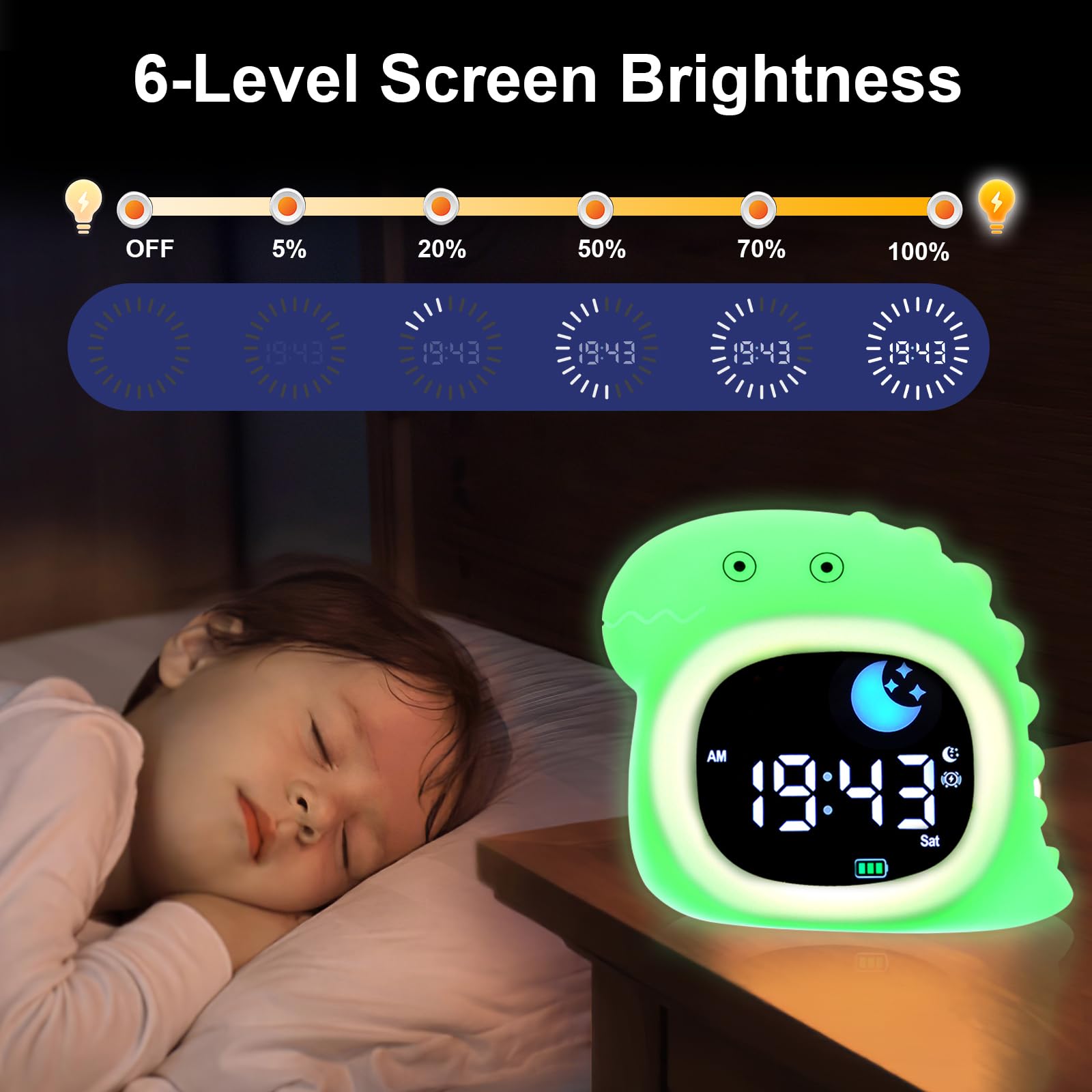Sveglia per bambini, sveglia all'alba con luce notturna, display a LED con musica per dormire suoni rilassanti, funzione snooze, 12/24 ore, 6 luminosità regolabili per camera da letto