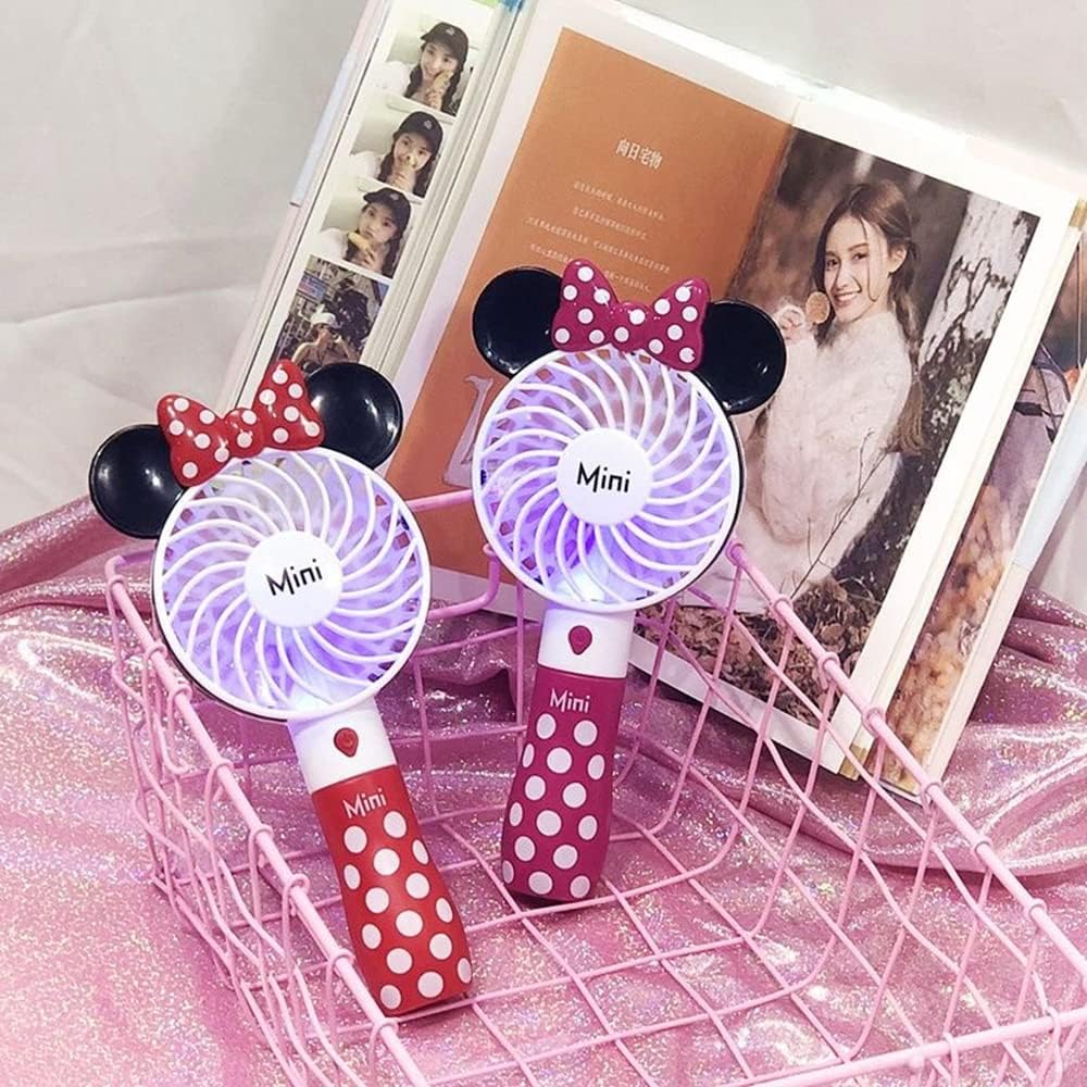 Cute Personal Mini Fan, Handheld & Portable USB Rechargeable 1 Speed USB Fans with Colorful LED Light Adjustable, for Indoor Or Outdoor Activities, Cute Mouse (Pink+Rose)