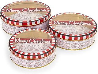Juvale Set of 3 Merry Christmas Cookie Tins with Lids for Gift Giving, Round Nesting Holidays Containers, 3 Sizes