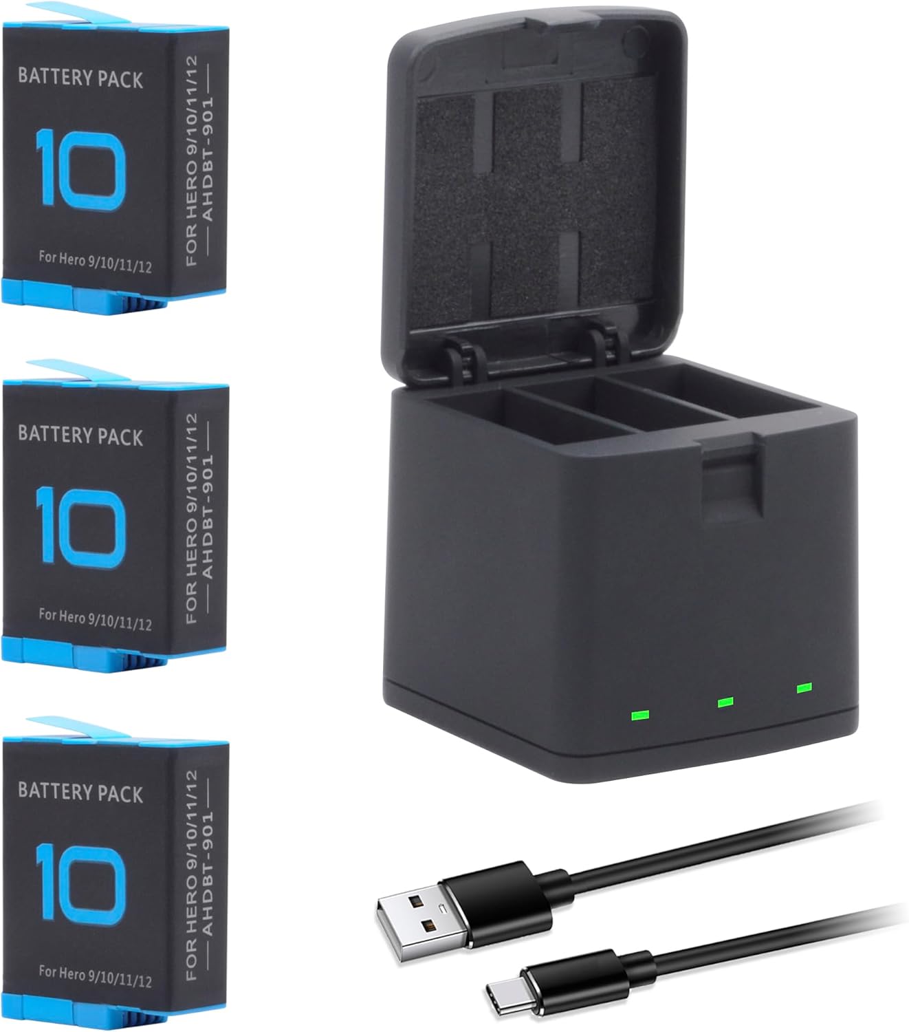 Upgrade 3-Pack Hero 10 Batteries for Hero 12, Hero 11, Hero 10, Hero 9 Black Sport Action Camera with 3 Channel Battery Charging Station Power Fast Portable Accessory