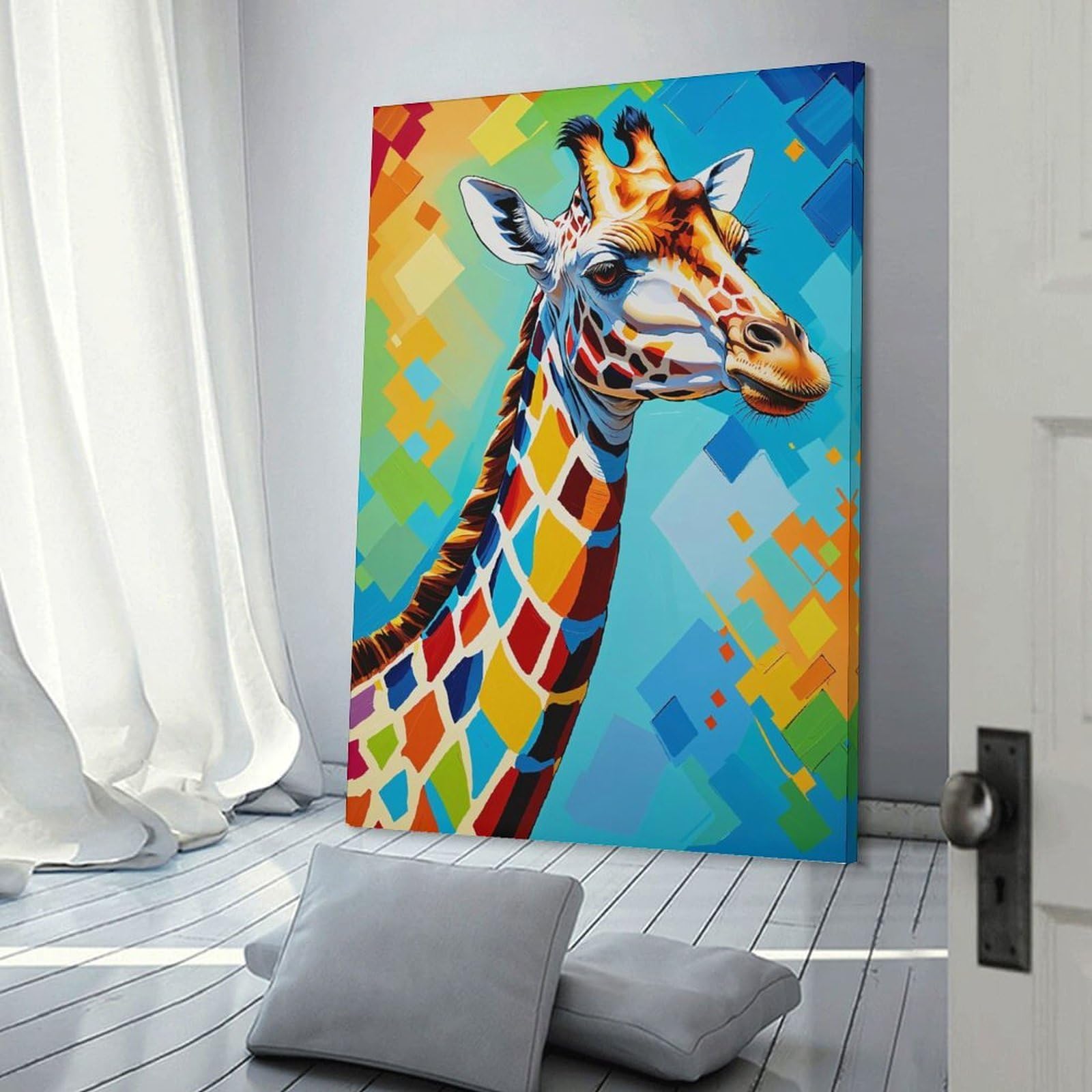 Junmoney Colorful Giraffe Portrait(4) Wall Art Print, 12x18inch(30x45cm), for Entryway, Lounge Links Or Small Walls, Decorative Wall Art for Narrow Spaces
