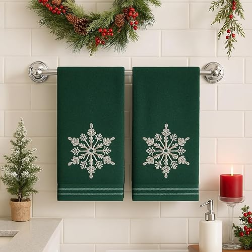 Miniatura 241 de Juego de 2 toallas de mano de baño de Navidad, color gris oscuro, 100% algodón, bordadas, diseño de copos de nieve, 16 x 25 pulgadas, toallas 24 Let