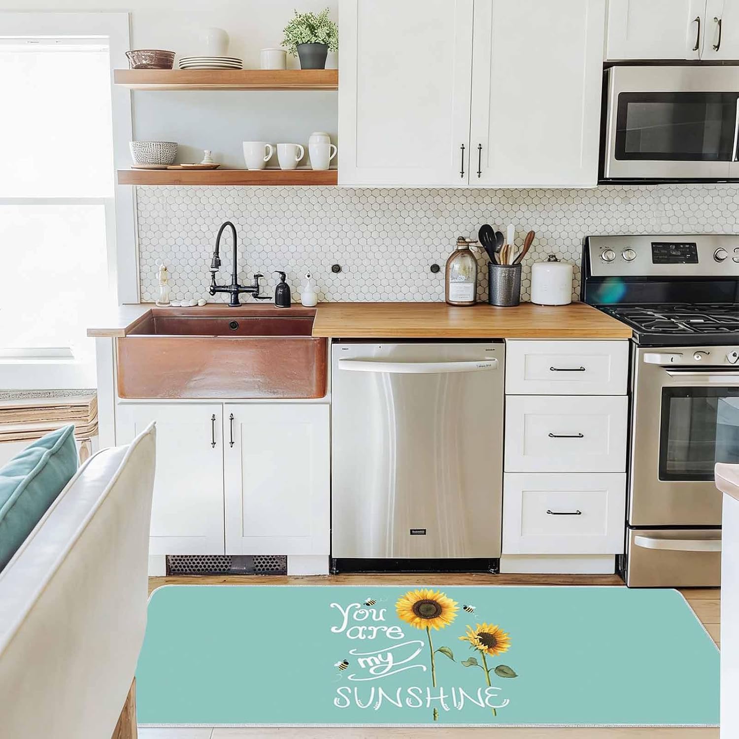 You are My Sunshine Words on Green Kitchen Rug and Mat,Washable Floor Mats Standing Cushioned Set of 2,Country Sunflowers Bee Slip-Proof Doormat Runner Rugs for Indoor Bathroom Laundry Sink