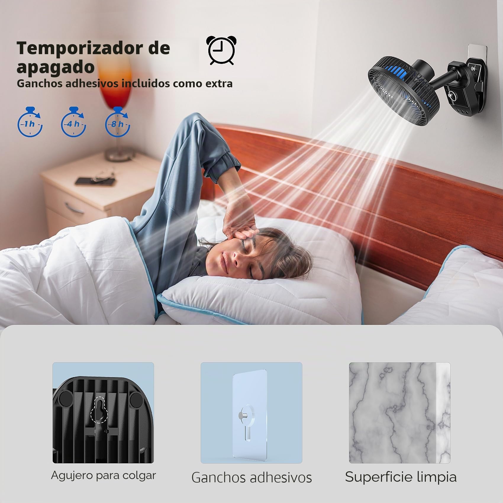 ATEngeus Ventilador USB 4 en 1, 8'' Pinza Ventiladores, 10000 mAh Recargable Batería Ventilador, 5 Velocidades Camping Ventilador, Rotación automática de 45°/90°, Temporizador, con clip y gancho