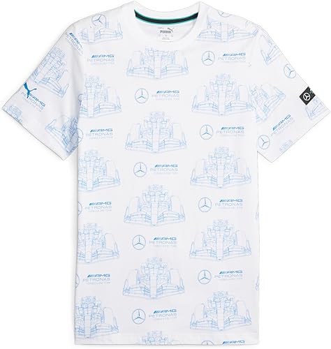 PUMA Camiseta estándar Mercedes-AMG Petronas Formula 1 con logotipo estampado integral para hombre, color blanco, talla S