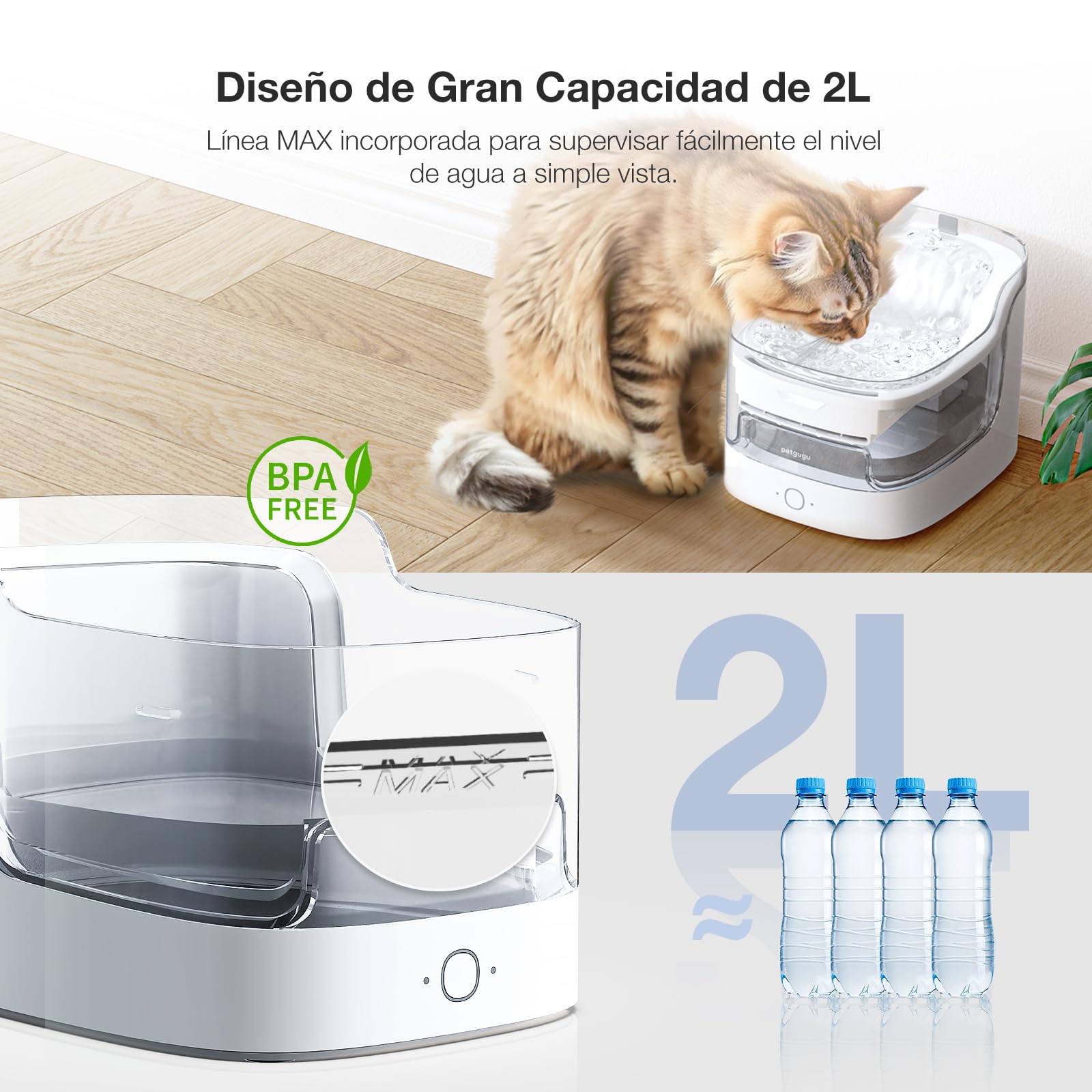 PETGUGU Fuente para Gatos con App y Filtro de 8 Capas,Ultra Silencioso con Sensor de Movimiento,Fuente de Agua para Gatos Automática,Bebedero Gato con Bomba Inalámbrica 2.4g WiFi(PF1)