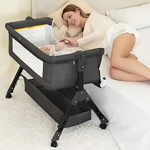 Baby Bassinet, 3 in 1 Baby Bassinet, Baby Basinet Bedside Sleeper, Easy to Fold Portable Crib Side Bassinet, Baby Cradle with Storage Basket, Adjustable Bedside Crib (Dark Grey)