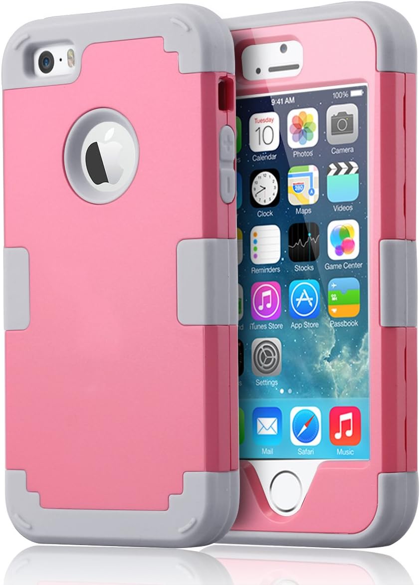 iPhone SE Cases,SE Cases, BENTOBEN Hard PC Shell and Soft Silicone Hybrid iPhone SE Cases 3 in 1 Pieces Shockproof Anti-Scratch Combo Cover for iPhone SE, Pink+Light Grey