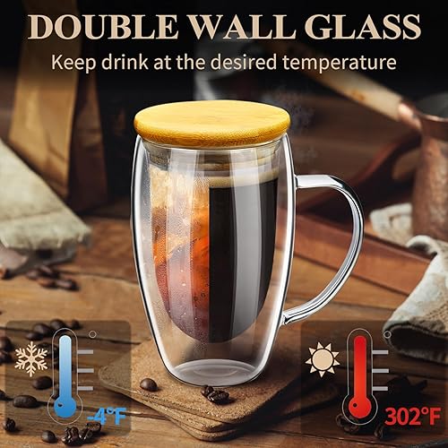 Miniatura 4 de PARACITY Tazas de café de vidrio de doble pared de 16 onzas con tapacuchara de bambú, juego de 2 tazas de café de vidrio con asa, taza de café