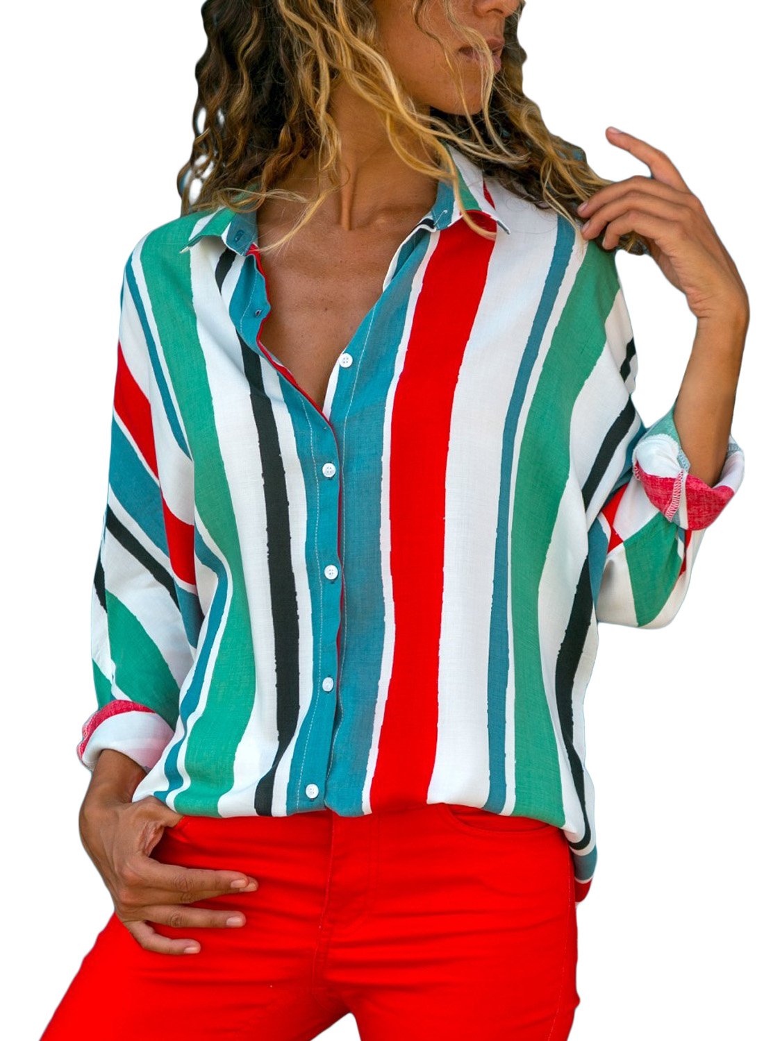 Dokotoo Women's V-Neck Striped Button Down Shirt - Long Sleeve Tunic Top, Loose Fit 1 thumbnail image