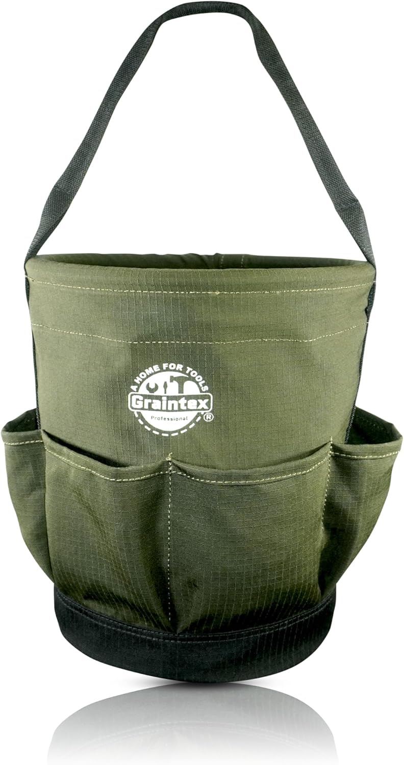 Graintex Tapered Canvas Bucket 12"x10"x15", Utility Tool Bucket 6 Pockets Outside, Reinforced Base & Carry Handle, Ripstop Canvas, Multi-Purpose Bag for Jobsite & Home Use (Hunter Green)