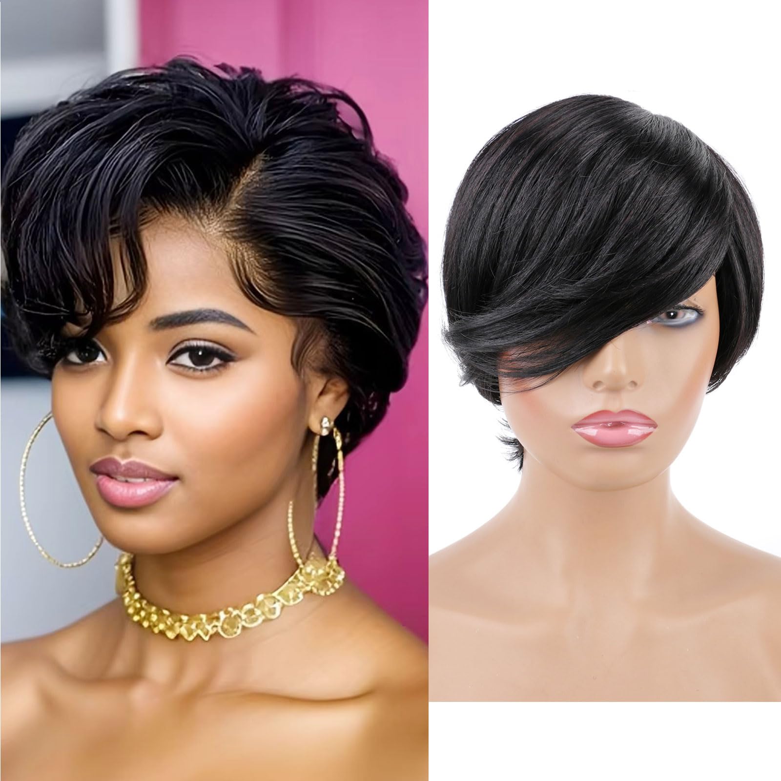 Huarisi Short Black Bob Wig with Bangs Side Part 1B Chic Elegent Pixie Cut Wigs for Women Wavy Human Hair Glueless Natural Side-Swept Fringe Layered None Lace Remy Real Hair - Image 2