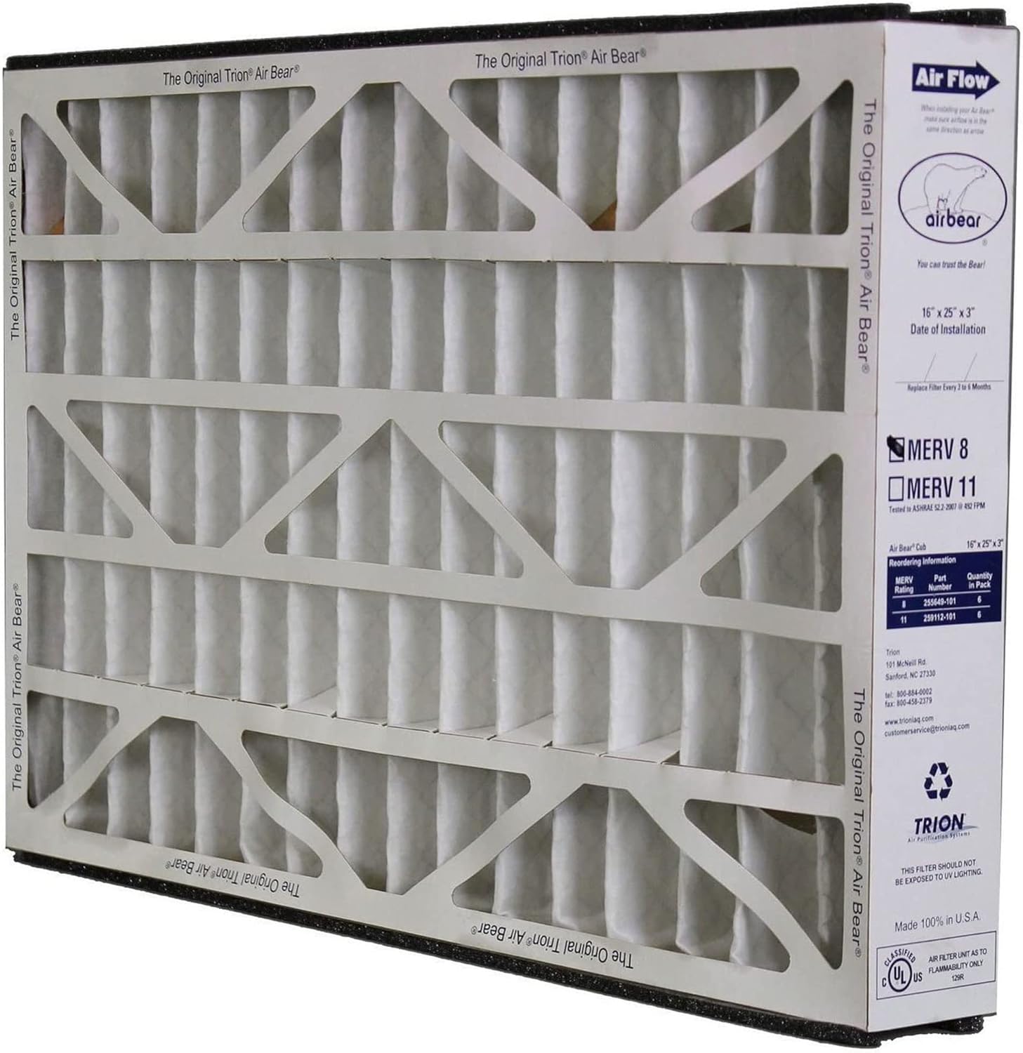Trion 255649-101 Air Bear 16 x 25 x 3 Inch MERV 8 Air Filter Replacement for Air Bear Supreme, Right Angle, and Cub Air Purification Systems (6 Pack)