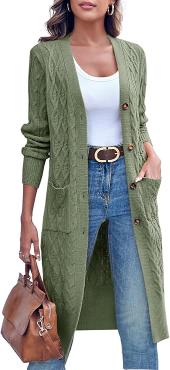 Imily Bela Gebreid vest voor dames, lang vlechtpatroon, open voorkant, cardigan, lange mouwen, herfst, winter, gebreid vest met zakken, legergroen, L