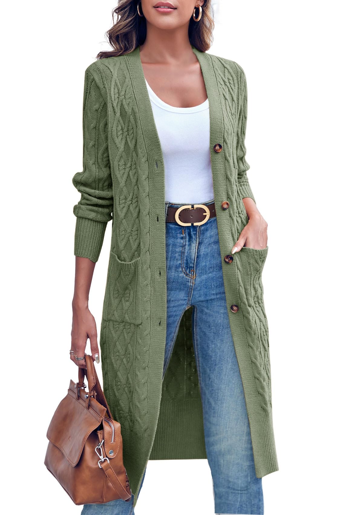 Imily Bela Strickjacke Damen Lang Zopfmuster Open Front Cardigan Langarm Herbst Winter Strickcardigan mit Taschen