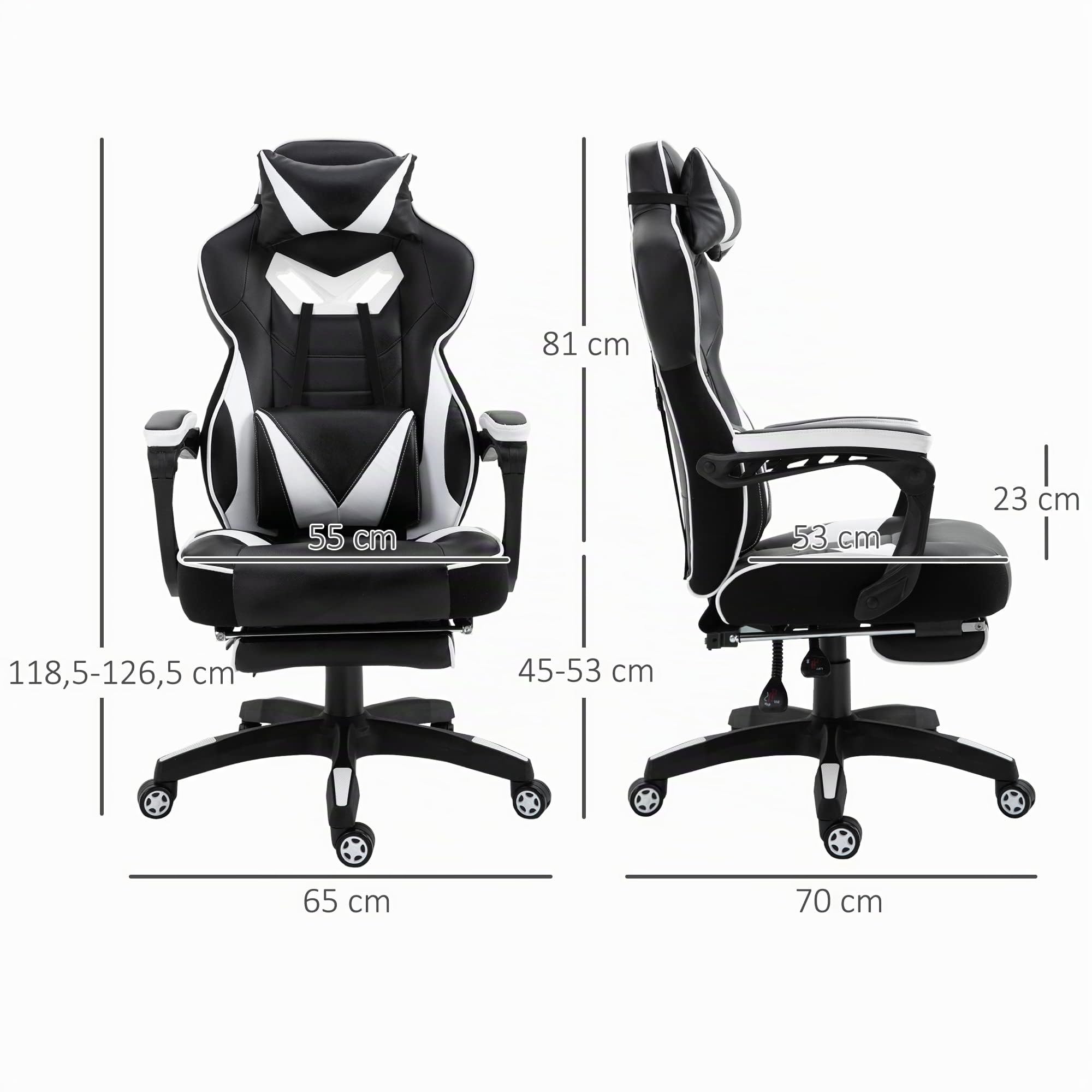Vinsetto Silla Gaming Regulable en Altura 65x70x118,5-128,5 cm Blanco | Ergonómica, Silla de Escritorio de Oficina, Respaldo Reclinable, Reposapiés, Reposacabezas, Cojín Lumbar, Ruedas