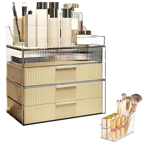 Miniatura 7 de DASITON Caja de almacenamiento de dos capas a prueba de polvo, soporte para brochas de maquillaje, caja de almacenamiento de escritorio de gran