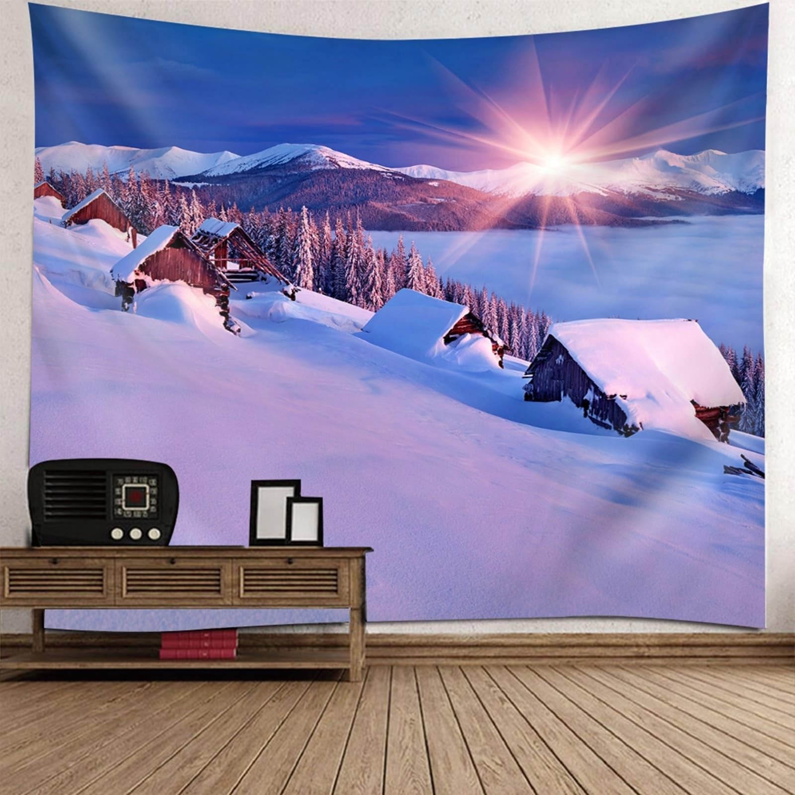 Skcess Gobelin ścienny do salonu poliester, ciemnoniebieski biały pejzaż śnieżny gobelin ścienny do biura 240 x 220 cm