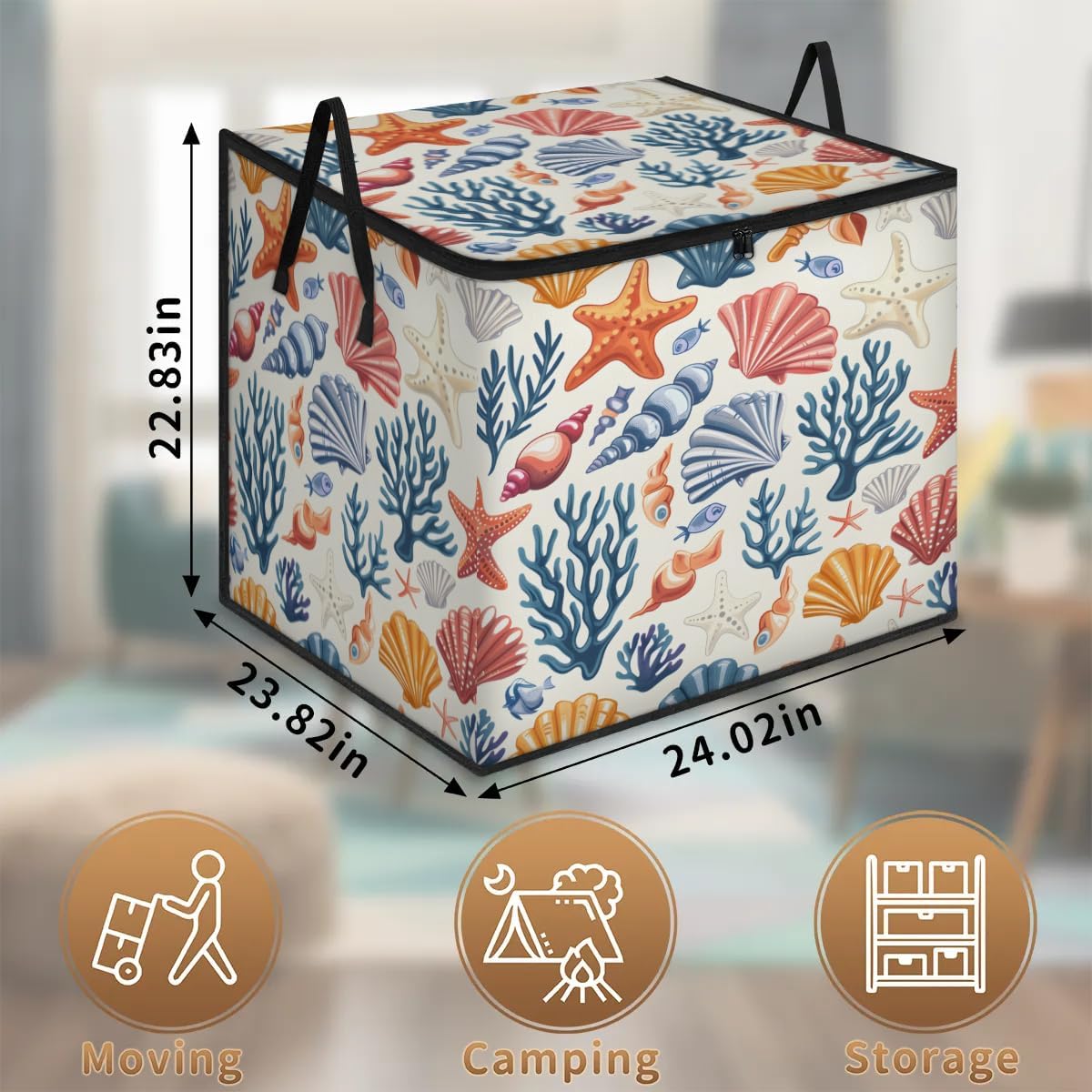 Honeybaby 214L Extra Large Comforter Storage Bag Starfish Ocean Seashell Storage Totes with Lids Waterproof Closet Organizer Folding Blanket Storage Bags for Clothes Bedding Pillows