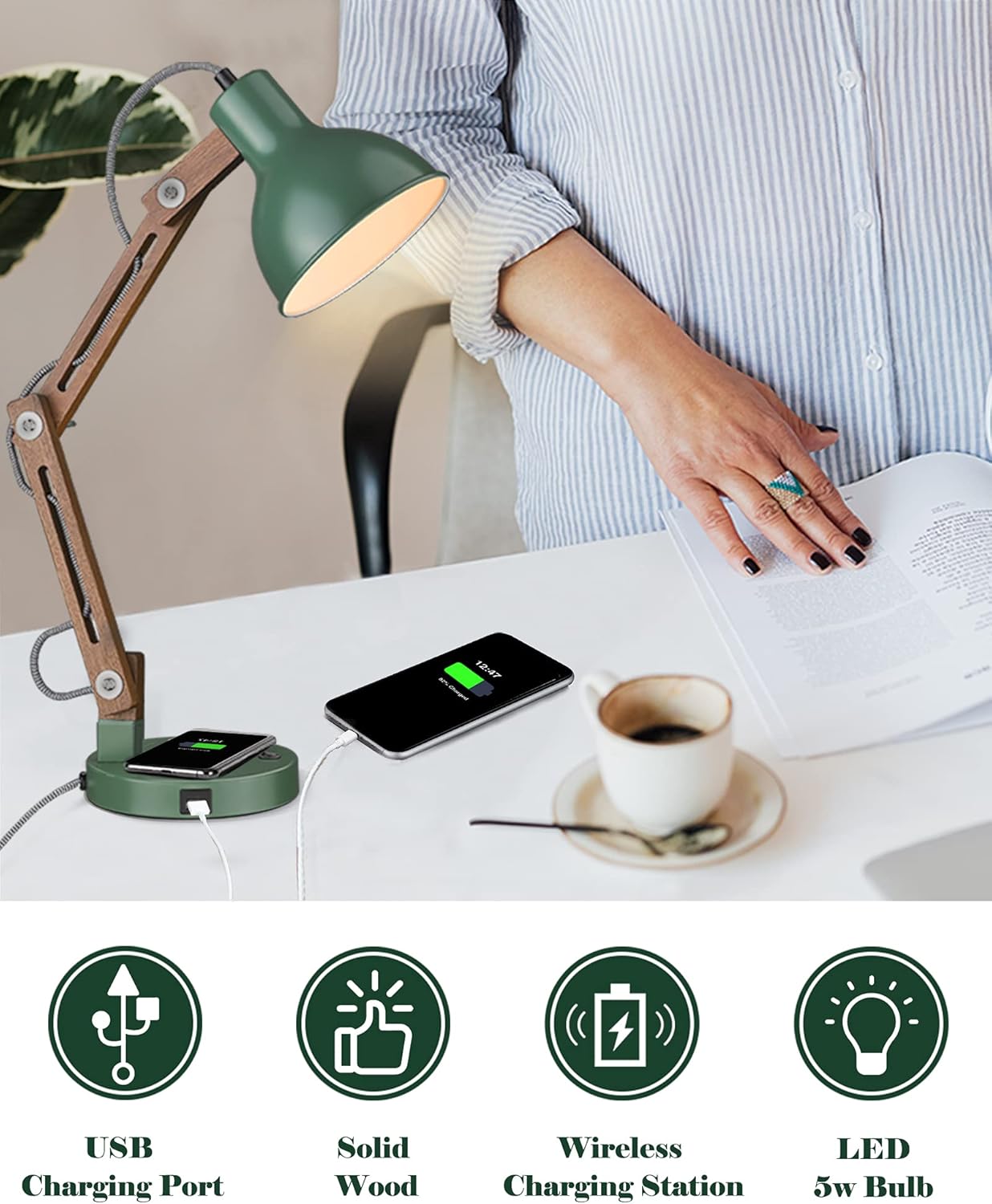 ELYONA Vintage Desk Lamp & Touch Control Desk Lamp with Wireless Charging & USB Port, LED Swing Arm Table Lamp, Adjustable, 5W Bulb Included, Wood Reading Task Light for Bedroom Study Work, Office