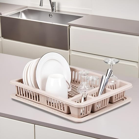 Best House Dish Drainer Rack Large Plastic Dish Drainer Plate Cutlery Cup Holder with Drip Tray, Cutlery Rack Kitchen Sink Utensil, Food-Grade BPA-Free - Kitchen Organizer (Beige, Pack of 1)
