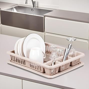 Best House Dish Drainer Rack Large Plastic Dish Drainer Plate Cutlery Cup Holder with Drip Tray, Cutlery Rack Kitchen Sink Utensil, Food-Grade BPA-Free - Kitchen Organizer (Beige, Pack of 1)
