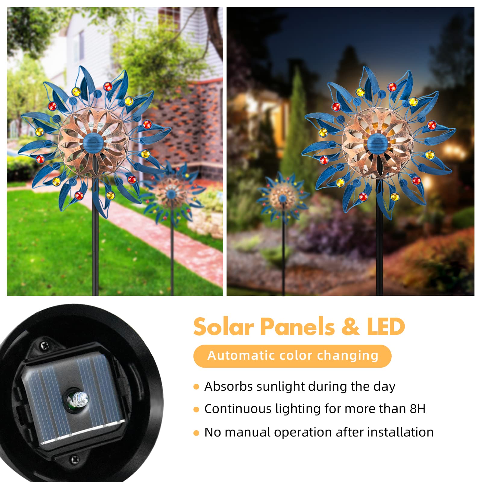 Solarbetriebene Windspinner-Skulptur aus Metall für Garten und Terrasse, Retro-Design