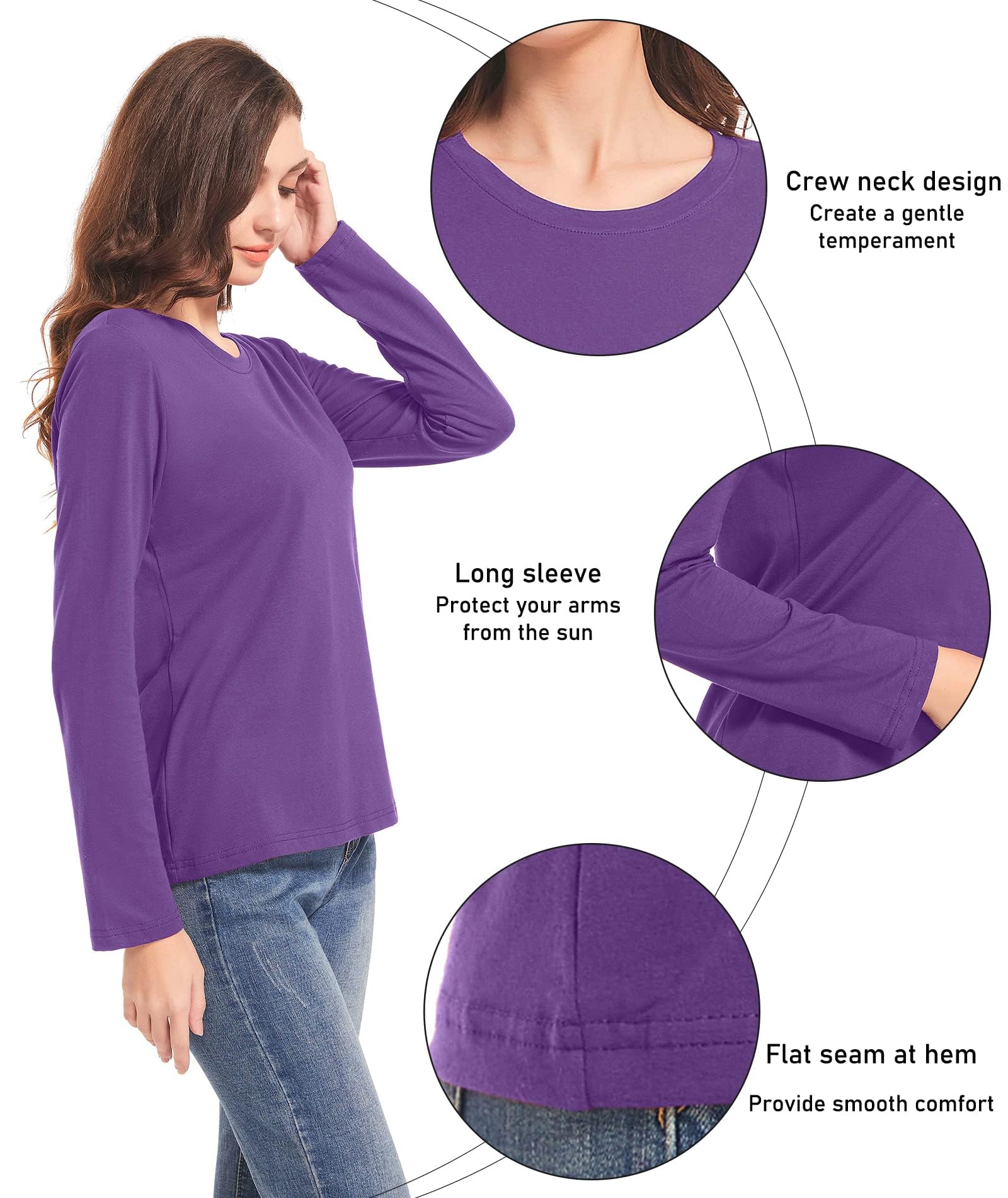 Paquete de 3 Camisetas de algodón de Manga Larga y Corta para Mujer, Camisetas de Entrenamiento para Mujer, Camisetas básicas Ajustadas, Lisas, Cuello Redondo, Negro/Blanco/Morado, S