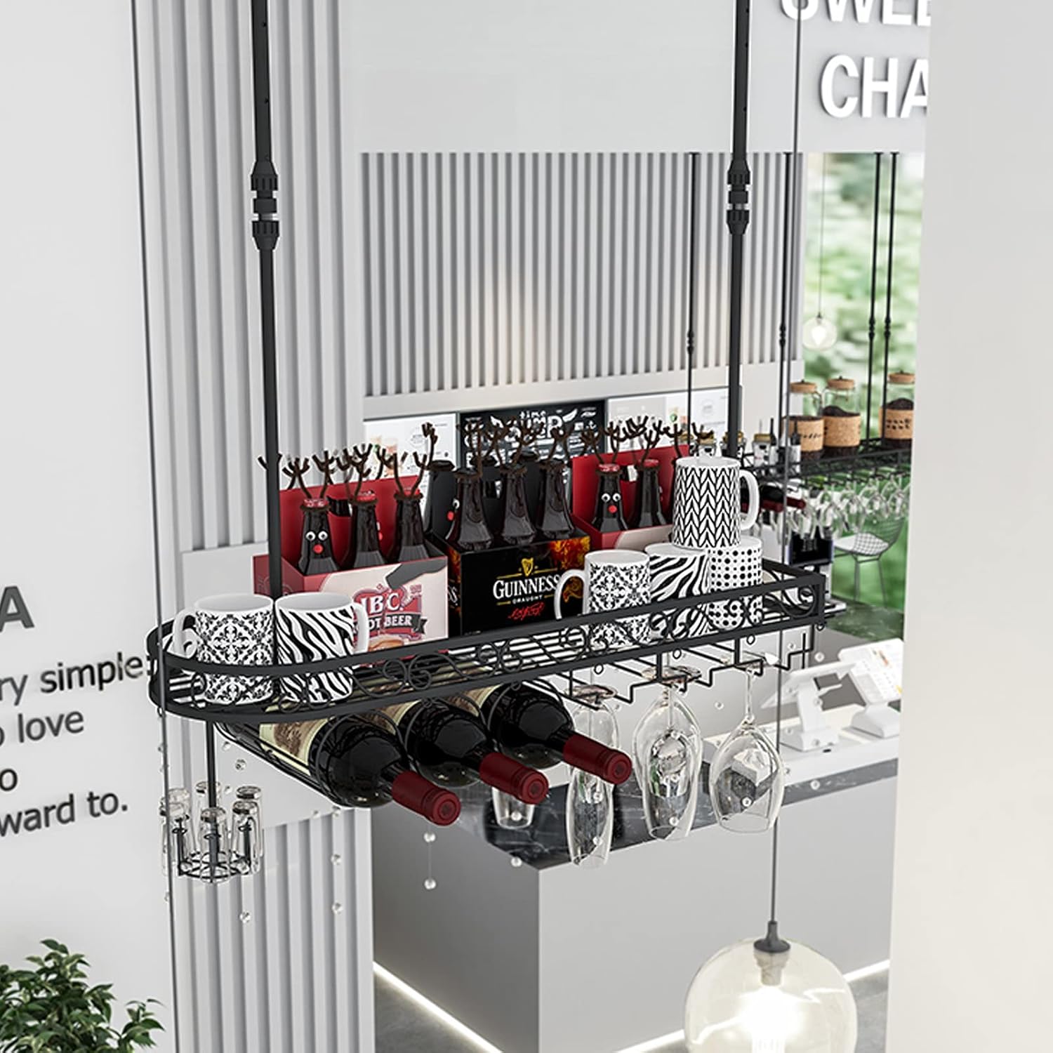 European Style Hanging Wine Glass Rack with Upside Down Wine Bottle Rack Home Creative Wine Cabinet Decoration for Bar Counter Goblet Holder