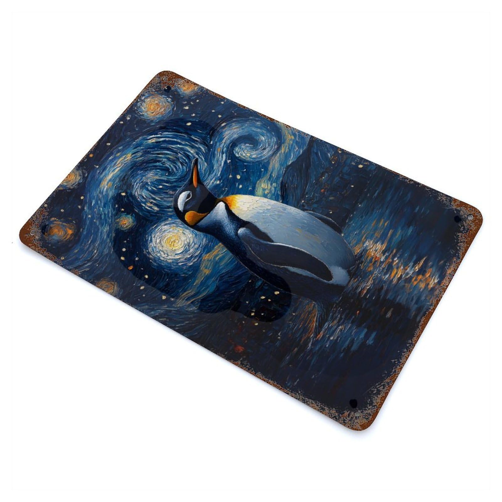 Penguin Under Starry Night Decorative Tin Sign 11.8"x7.9", for Bistro, Counter And Cafe Decor, Retro Wall Decor