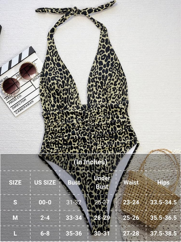 Women Sexy Halter Deep V One Piece Swimsuit,Backless Ruched Tummy Control High Cut Cheeky Bathing Suit Beach Vacation