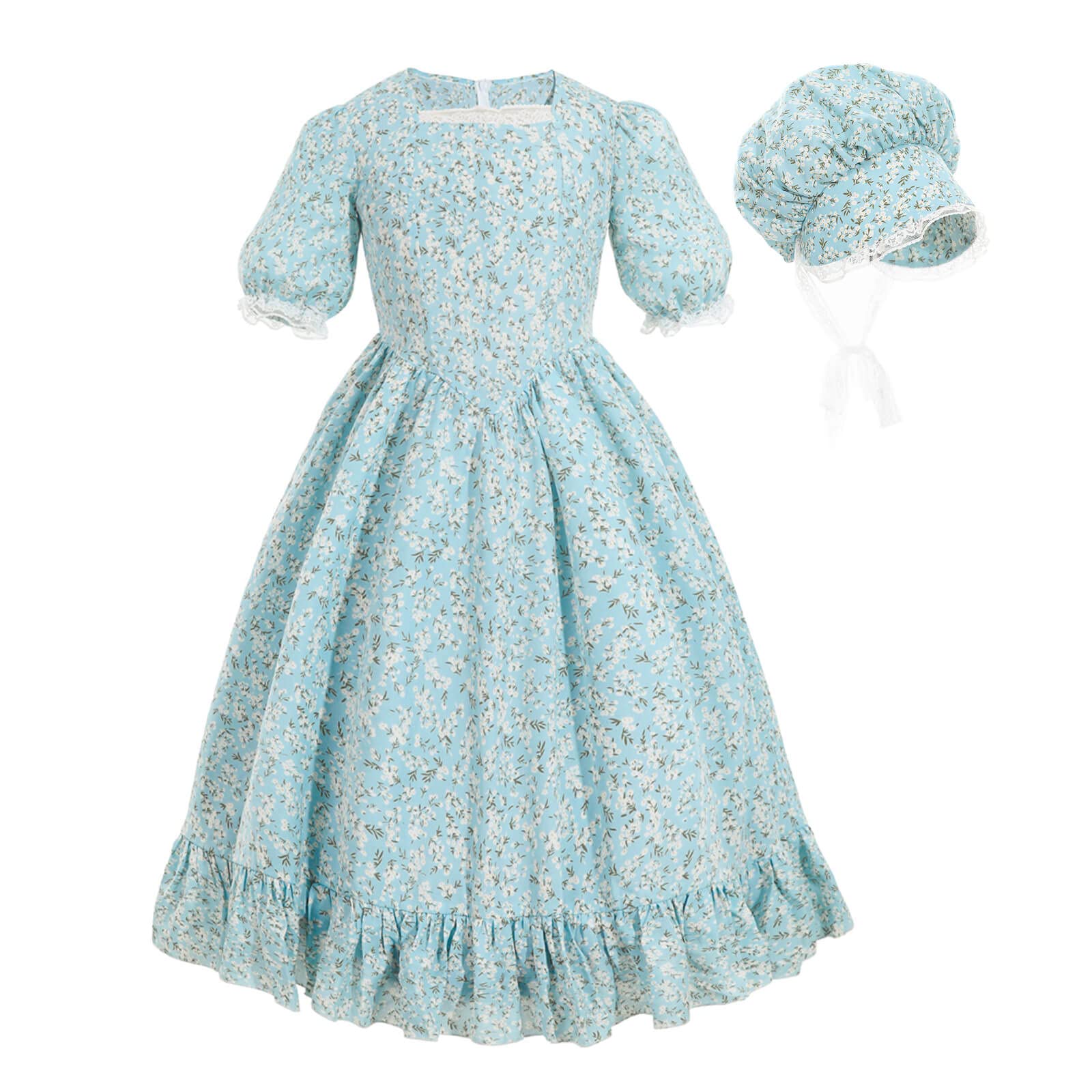 Nuoqi Pioneer Dresses for Girls Prairie Girl Dress Colonial Girl Costume 8-9 Light Blue
