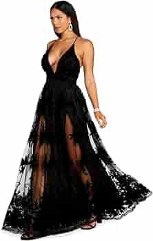 Buy Windsor Long Formal Tulle Dress, V-Neck Floral Flocked-Velvet Long Formal  Dress with High Front Lining Slits, Black, Small at Amazon.in