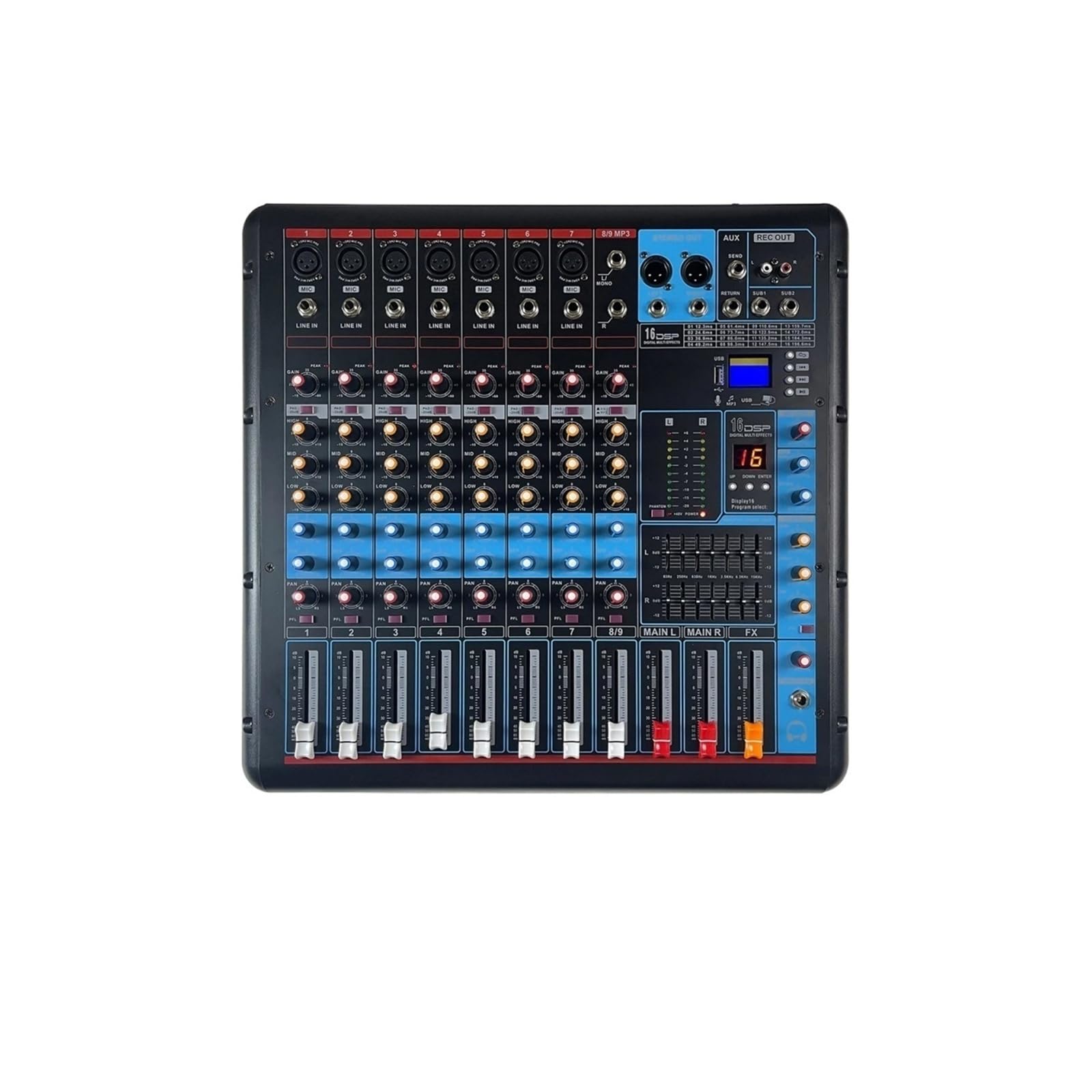 Mezclador de audio, Consola de mezclas profesional 8 canales con amplificador potencia 600 W x 2, ideal for escenarios, fiestas, estudios grabación