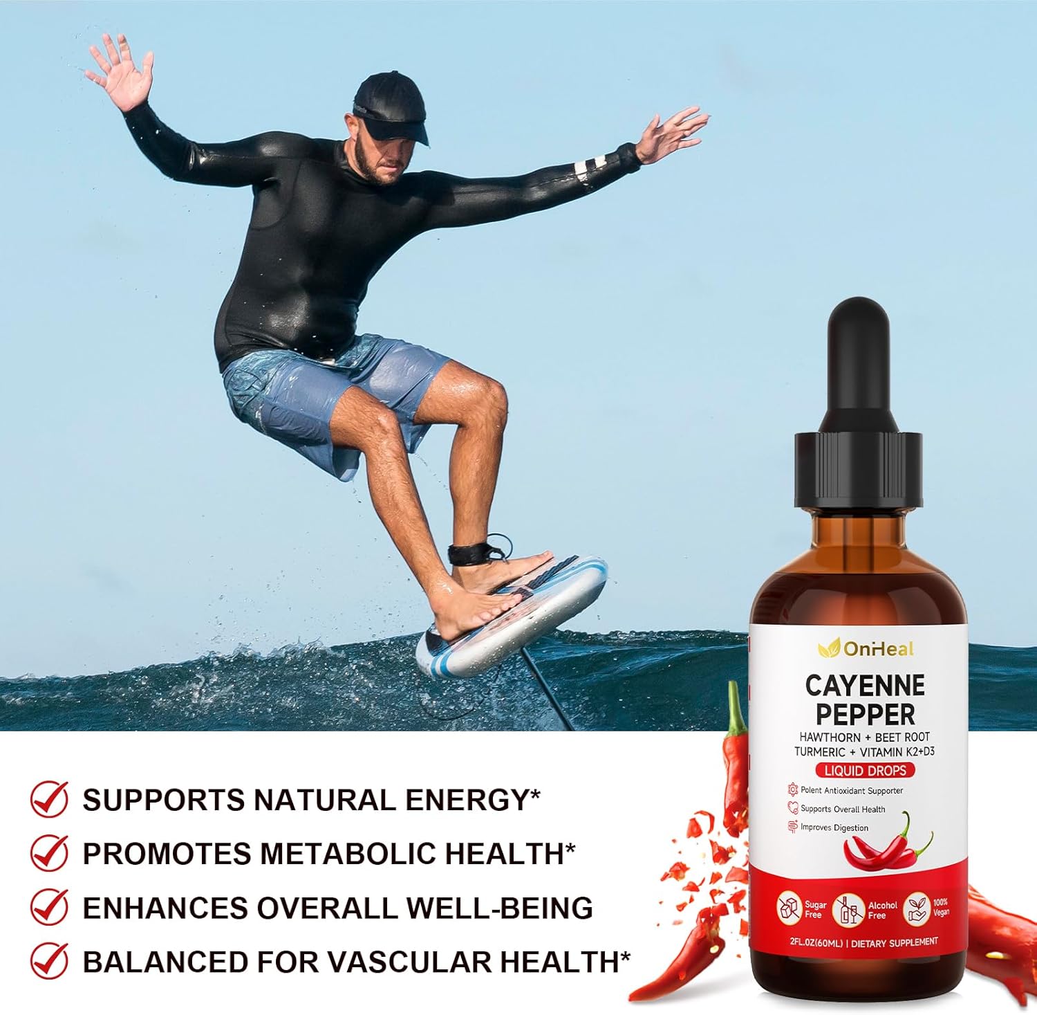 Pure Capsaicin Extract, Contains Hawthorn, Beetroot, Turmeric, Vitamins K2 and D3, Ginseng, Ceylon Cinnamon - Capsaicin Supplement for Health Benefits - 60ml